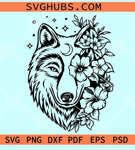 Wolf Head With Flowers Svg Floral Wolf Svg Wolf With Flower Crown Svg