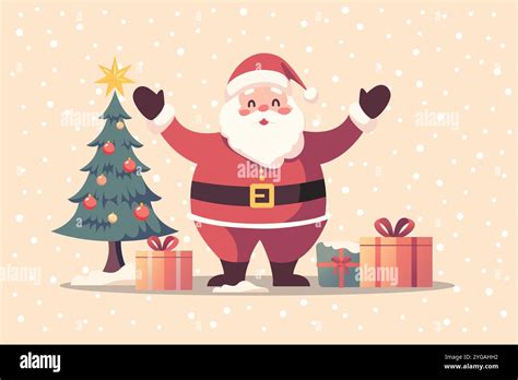 Happy Santa Claus Standing With Gift Boxes And Christmas Tree Cartoon