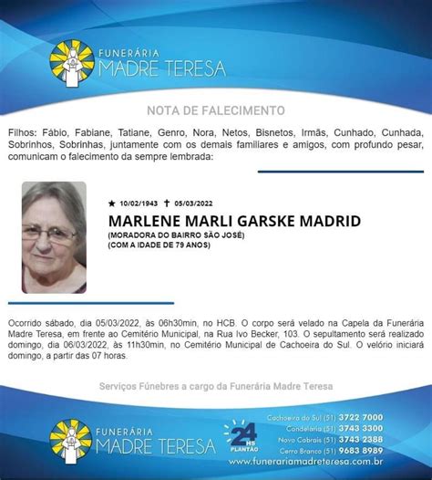 Falecimento Marlene Marli Garske Madrid Rádio Cachoeira