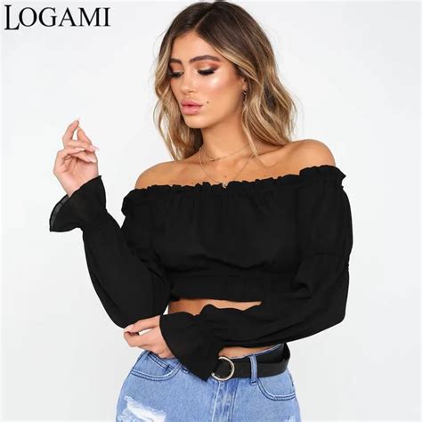 LOGAMI Off Shoulder Top Women Long Sleeve Ruffles Sexy Chiffon Blouse