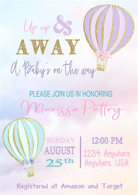 Hot Air Balloon Invitation Baby Shower Up Up Away Invite Etsy