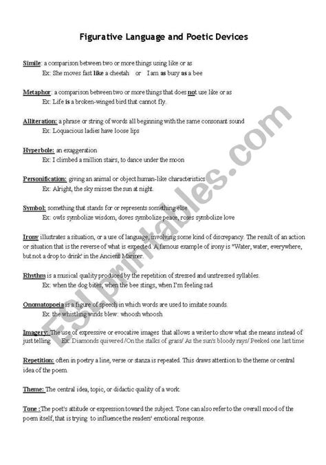 Literary Devices Worksheet Pdf Figurative Language And Poetic Device