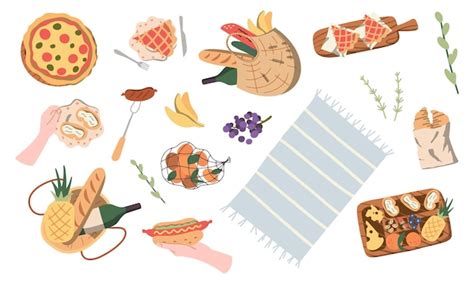 Premium Vector Collection Of Picnic Items Includes Basket Rug Cakes