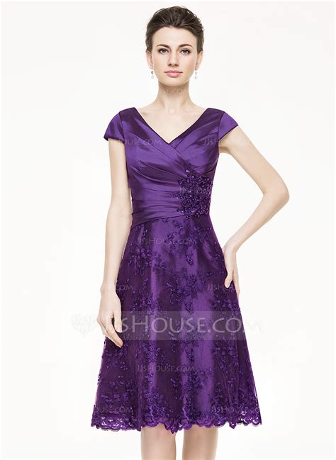 A Line Princess V Neck Knee Length Taffeta Lace Mother Of The Bride