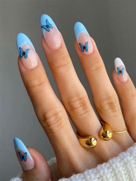 Light Blue French Tips With Butterflies Blue And White Nails Light