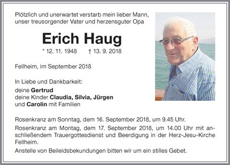 Traueranzeigen Von Erich Haug Allg Uer Zeitung