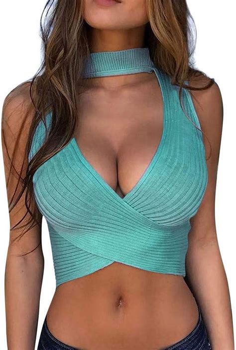 Municipal Womens Sexy Deep V Neck Ribbed Knit Slim Fitted Strap Crop Cami Tank Sleeveless Top