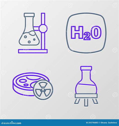 Set Line Test Tube With Toxic Liquid Chemical Formula H2o And Flask