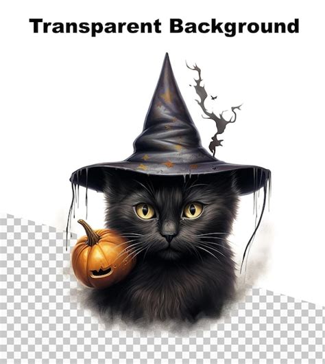 Uma ilustração de um gato preto de halloween um chapéu de bruxa