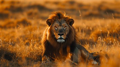 Ai Generated Majestic Lion Rests In Golden Savannah Captured In