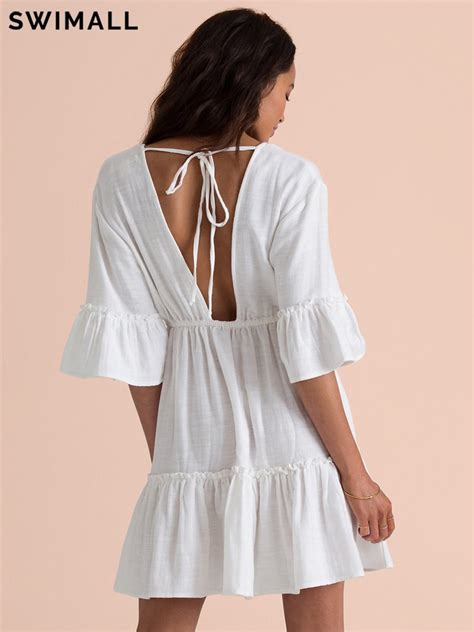 Sexy Bikini Cover Ups V Neck Flare Sleeve Swimwear Women Beach Dress