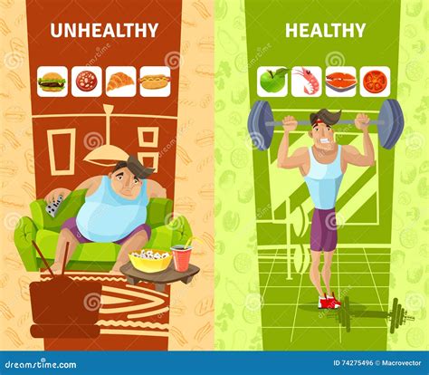 Healthy And Unhealthy Man Banners Set Vector Illustration ...