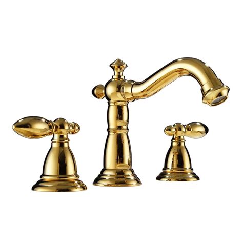 European Luxury Gold Solid Brass Double Handle Three Holes Widespread Bathroom Sink Faucet High