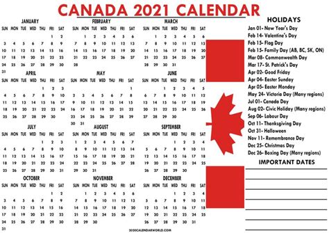 2021 Canada Calendar With Holidays Printable In 2021 Canada Calendar