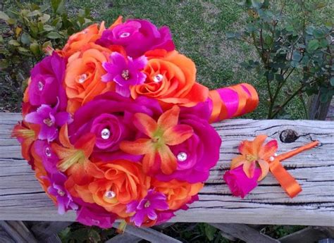 2 Piece Hot Pink Orange Wedding Bouquet Set Wedding Bouquets Pink