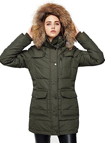 Escalier Womens Down Coat With Raccoon Fur Hooded Winter Jacket Army