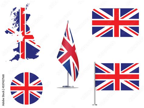 This vector consist the national flag of United Kingdom (UK) in different shape. Flat, rounded ...