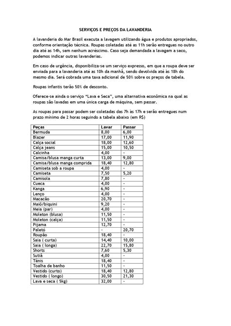 Tabela De Pre Os De Lavanderia Retoedu