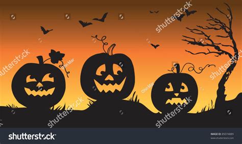 Carved Silhouette Halloween Pumpkins In Row Stock Vector Illustration