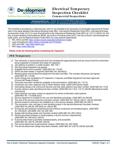 City Of Austin Texas Electrical Temporary Inspection Checklist