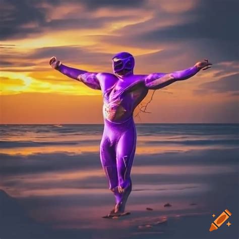 Purple Luchador On A Tropical Beach At Sunrise On Craiyon