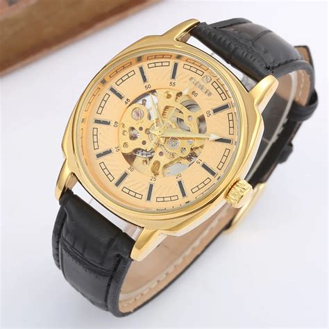 Relogio Masculino Goer Gold Mechanical Watches Men Pu Leather Automatic