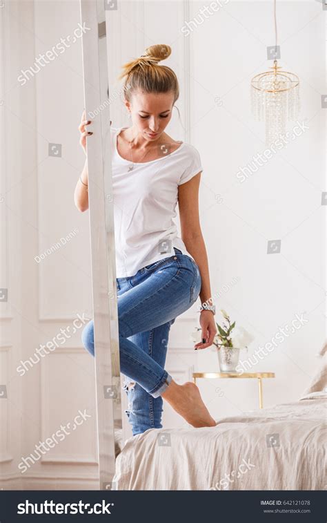 Beautiful Sexy Girl Blonde Jeans Posing Stock Photo 642121078 Shutterstock