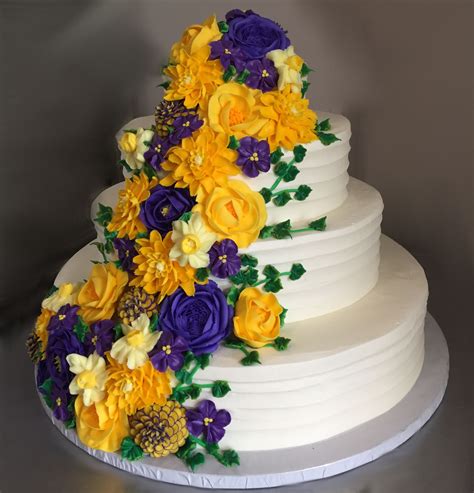 Wedding Cake With Cascading Purple And Yellow Flowers Westhampton