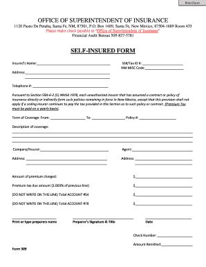 Fillable Online Self Insured Form 309 Office Of The Superintendent