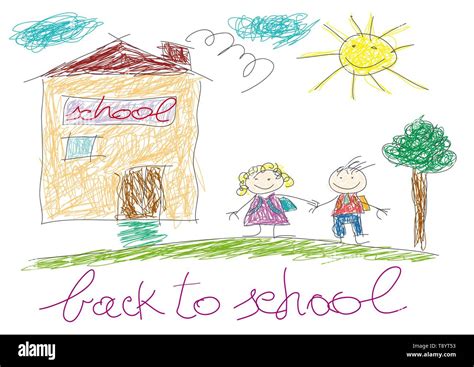 Back to school. Children in front of the school. Vector drawing made by a child Stock Vector ...