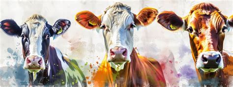 Three Colorful Cows in a Row, Each with Its Own Personality, Looking ...