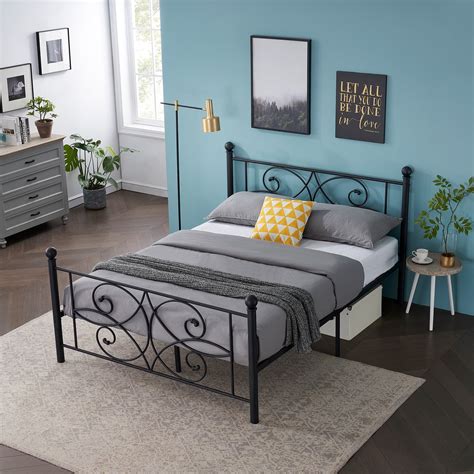 Queen Size Victorian Black Metal Platform Bed Frame with Headboard and ...