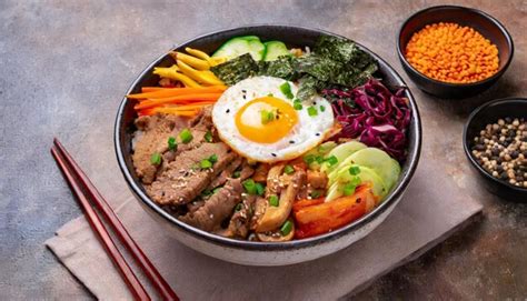 Premium Photo Bowl Of Bibimbap Meal With Meat Rice Vegetables And Egg