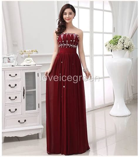 Burgundy Strapless Chiffon Evening Formal Party Gown Prom Bridesmaid