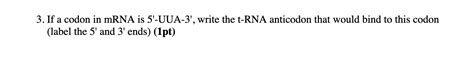 Solved 3. If a codon in mRNA is 5′-UUA-3', write the t-RNA | Chegg.com