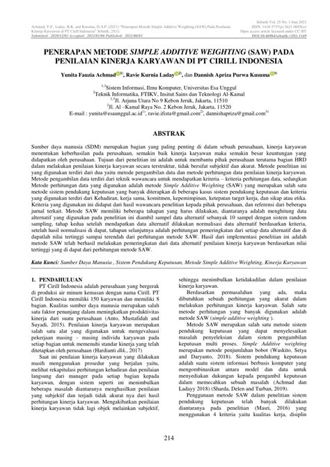 PDF PENERAPAN METODE SIMPLE ADDITIVE WEIGHTING SAW PADA PENILAIAN