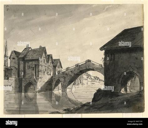 Drawing Stage Design Bridge Over River In A Town Early 19th Century