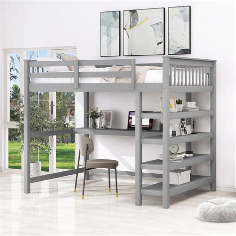 Low Loft Bed Twin Size With Rolling Desk Storage Shelves And