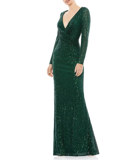 Mac Duggal Long Sleeve V Neck Sequin Faux Wrap Gown Dillards