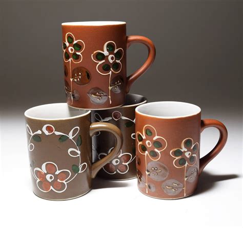 S Vintage Otagiri Style Japanese Hand Painted Stoneware Mugs Set