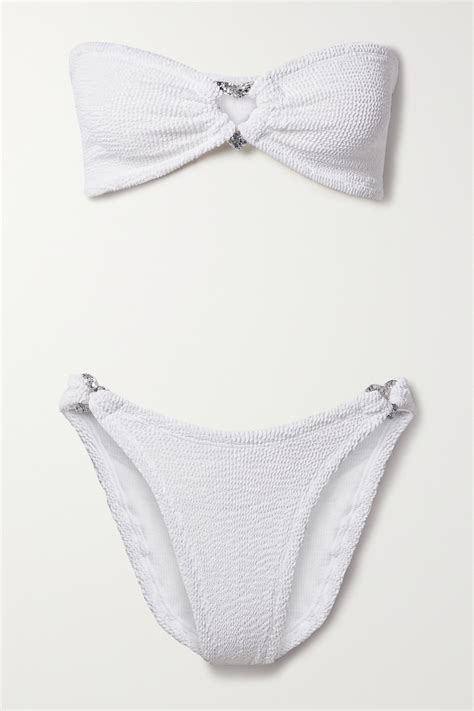 Hunza G Nicole Embellished Seersucker Bandeau Bikini In White Modesens