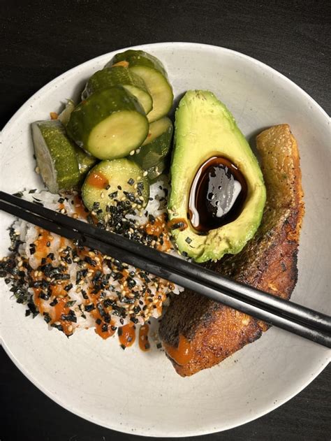 Pan Seared Salmon White Rice Avocado And Kimchi Pickles R Tonightsdinner