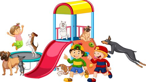 Children playing with their dogs at playground 6156946 Vector Art at Vecteezy