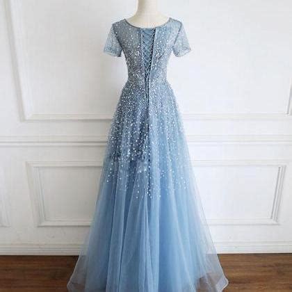 Blue Round Neck Tulle Sequin Beads Long Prom Dress Blue Tulle Formal