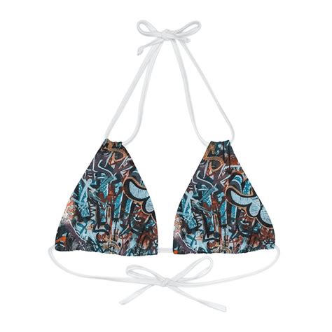 Strappy Triangle Bikini Top AOP Retro Graffiti Trending Etsy