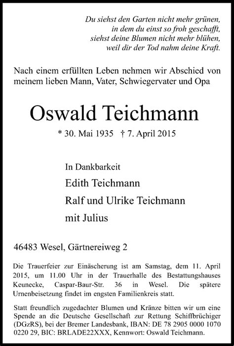 Traueranzeigen Von Oswald Teichmann Trauer In NRW De