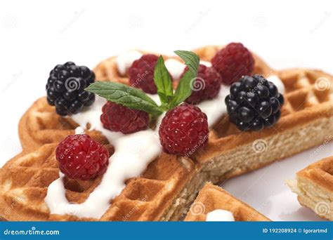 Belgium Waffles With Fresh Berries Isolated On White Stock Photo