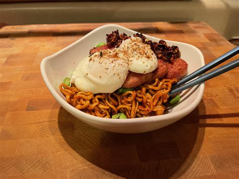 Homemade Poached Eggs Seared Spam With Samyang Buldak Curry Ramen Scrolller