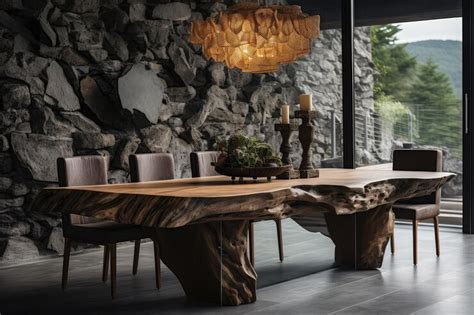 Premium Photo | Rustic table made from solid natural aged wood slab on stone cladding wall