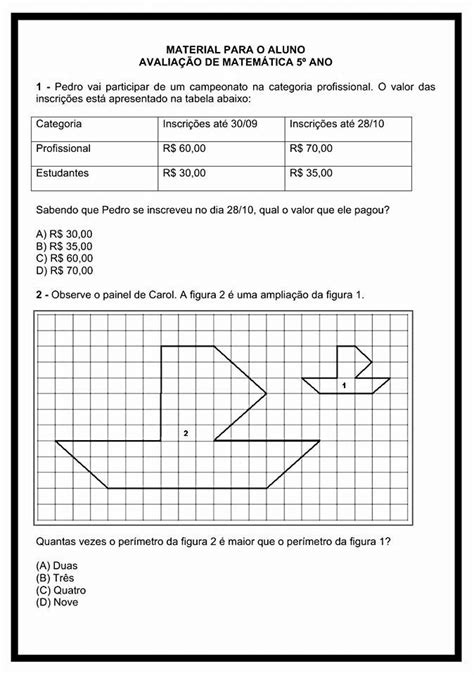 Avaliação de Matemática para o 5° ano - SÓ ESCOLA